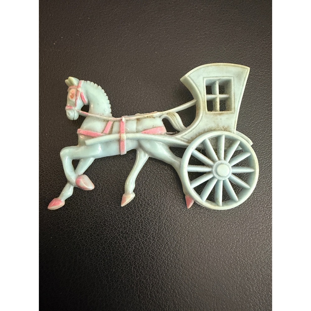Vintage Brooch Horse Carriage Blue Pink Plastic